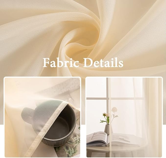 MIULEE Cream Beige Window Sheer Curtains for Bedroom Living Room Solid Elegant Net Drapes 2 Panels Width 38 x Length 45 Inches