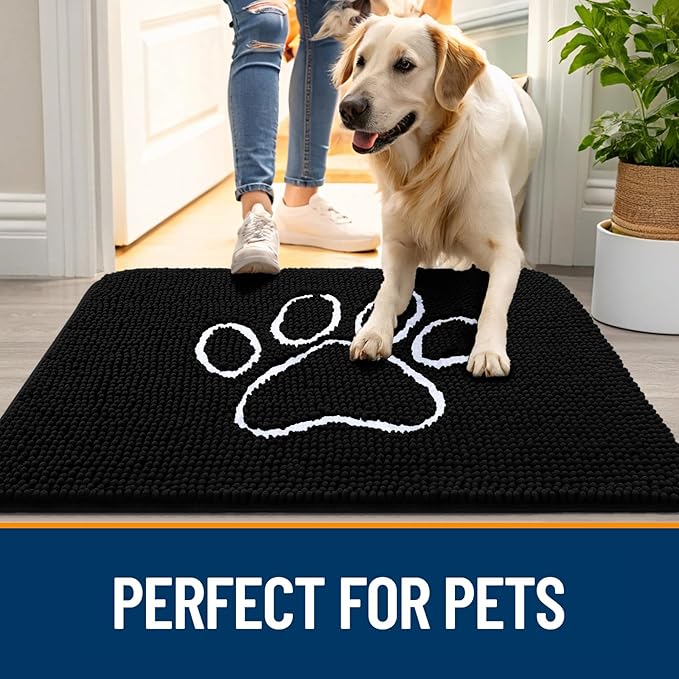 OLANLY Dog Door Mat for Muddy Paws 59x32, Paw Print Design, Absorbs Moisture and Dirt, Absorbent Non-Slip Washable Doormat, Quick Dry Chenille Mud Mat for Dogs, Entry Indoor Entryway Carpet, Black