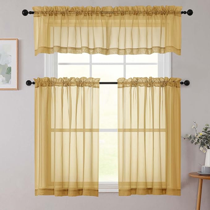 Chyhomenyc Gold Sheer Curtains 30 inch Length 2 Panels, Light Filtering Voile Rod Pocket Short Window Curtians for Bathroom Living Room Farmhouse Small Windows, 42Wx30L inches