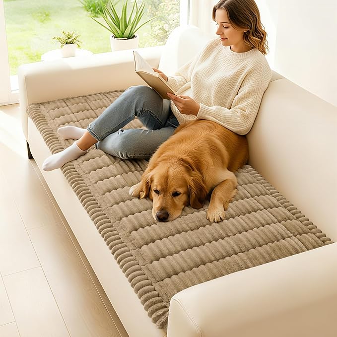 hyha Couch Covers for Dogs Washable, Non Slip Plush Dog Sofa Protectors, Fuzzy Pet Couch Covers for 3 Cushion Sofa Pet Friendly (Khaki, 27.6" x 27.6")