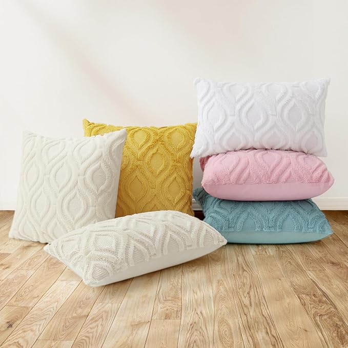 decorUhome Summer Throw Pillow Covers 12x20 Inch Set of 2, Soft Plush Faux Wool Aqua Solid Couch Pillow Covers, Accent Farmhouse Neutral Rectangle Pillow Cases for Sofa Bed Living Room