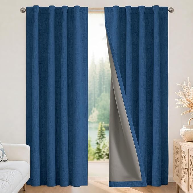 Joydeco Linen Blackout Curtains for Bedroom - 100% Light Blocking 1 Panels, Navy Blue Drapes 100" W x 108" L, Thermal Insulated Room Darkening Curtains for Living Room, Rod Pocket & Back Tabs