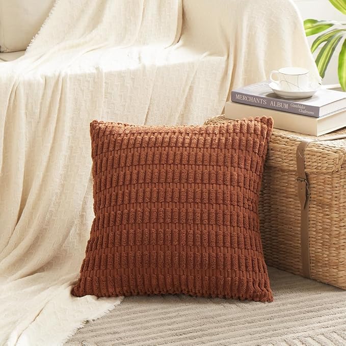 Fancy Homi 4 Packs Rust Decorative Throw Pillow Covers 24x24 Inch for Living Room Couch Bed Sofa, Terracotta Rustic Farmhouse Boho Home Decor, Soft Plush Striped Corduroy Square Cushion Case 60x60 cm