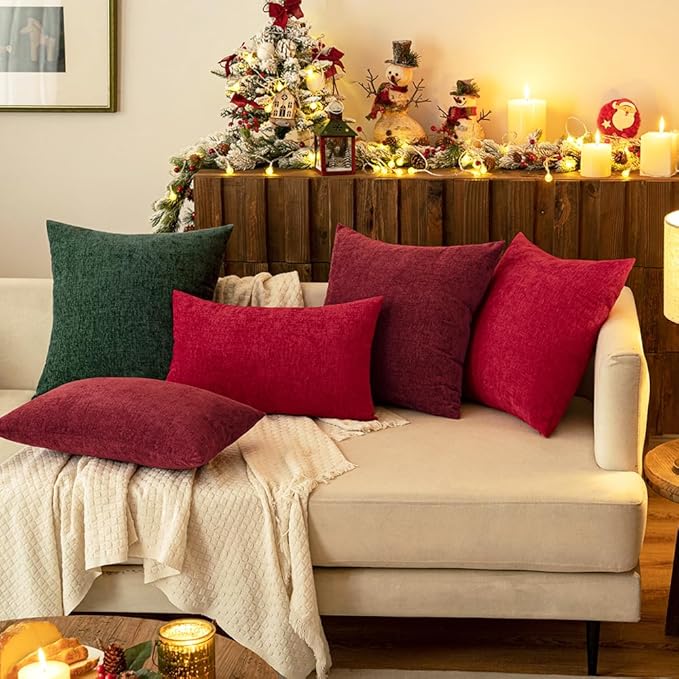MIULEE Pack of 2 Red Couch Throw Pillow Covers 12x20 Inch Soft Chenille Lumbar Pillow Covers for Sofa Living Room Solid Dyed Cases