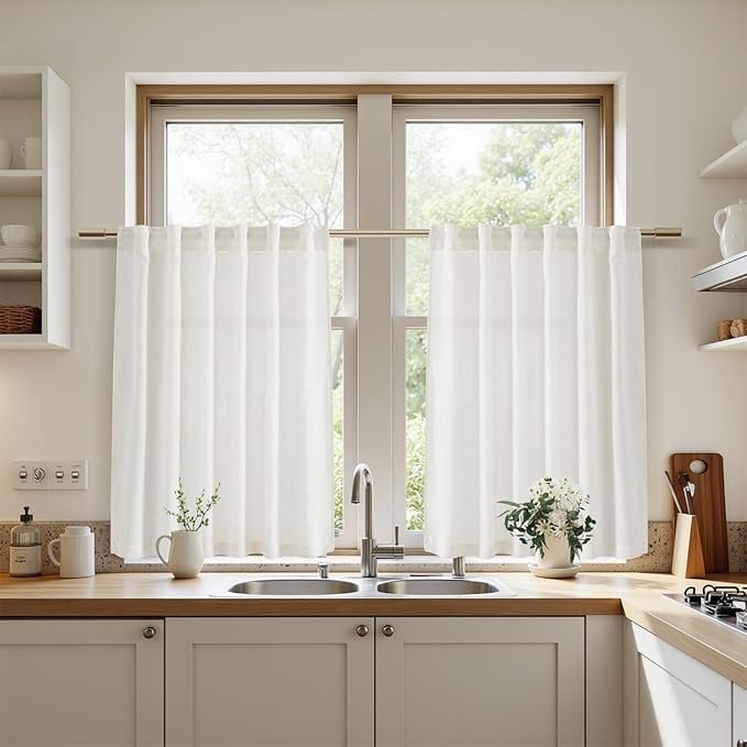 Nanspring 45 Inch Beige White Curtains Linen for Kitchen Short Window Semi Sheer Curtain Neutral Back Tab Rod Pocket Drapes Small Window for Cafe Bathroom 40 X 45,2 Panels
