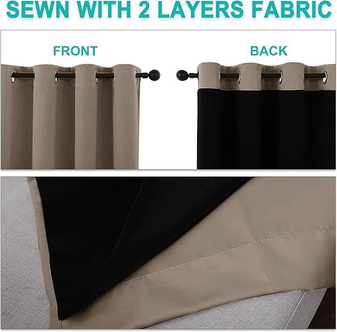NICETOWN 100% Blackout Blinds, Set of 2, 52 inches x 120 inches, Laundry Room Decor Window Treatment Curtains for Large Patio Sliding Door, Thermal Insulated Taupe Curtains for Bedroom