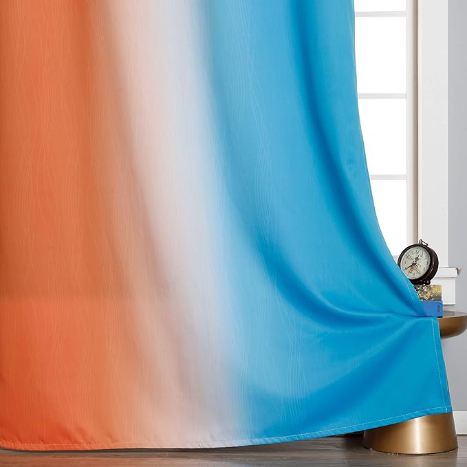 Thermal Insulated Blue and Orange Curtains for Living Room, Complete Light Blocking Ombre Blackout Curtains for Bedroom, Full Room Darkening Gradient Grommet Drapes for Boy Room, 52x84 Inch, 2 Panels