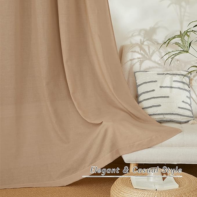 NICETOWN Thick Linen Blend Curtains Flax Textured for Bedroom, Rustic Grommet Semi Sheer Privacy Added Window Curtains & Drapes Light Filtering for Nursery, Camel, W42 x L63, Set of 2