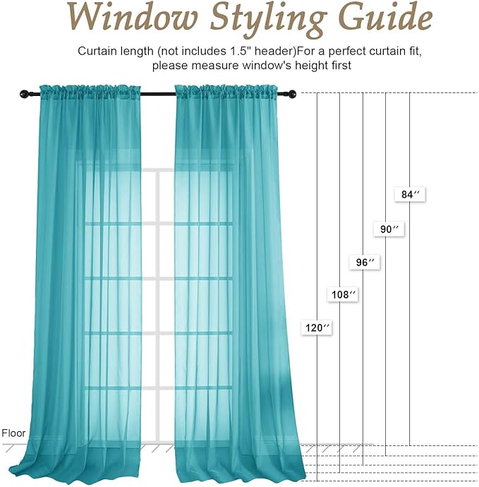 OVZME Turquoise Sheer Curtains 84 Inches Long 2 Panels Set, Light Filtering Sheer Curtains for Living Room Bedroom 59 Inch Extra Wide, Modern Voile Filmy Rod Pocket Window Drapes, 59Wx84L Inches