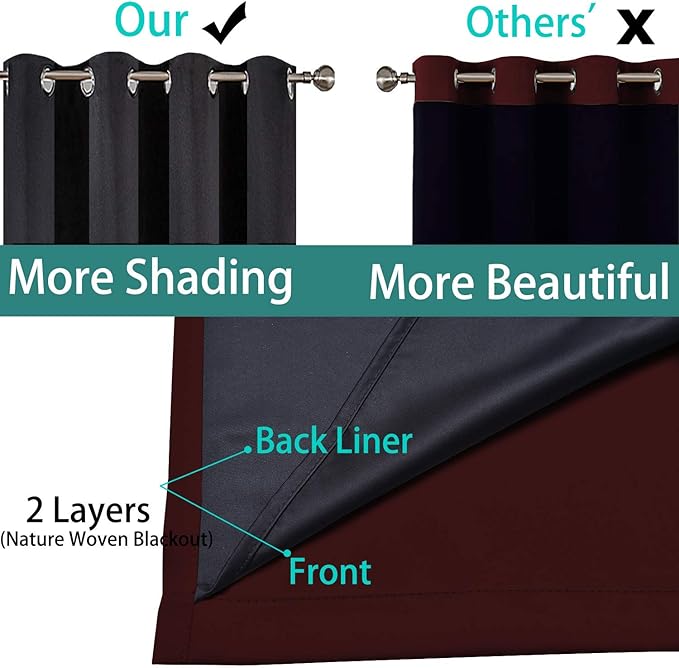 Yakamok 100% Blackout Curtains 72 Inches Long, 2 Thick Layers Completely Blackout Window Treatment Thermal Insulated Lined Drapes for Bedroom(Burgundy Red, 52" Width Each Panel, 2 Panels)