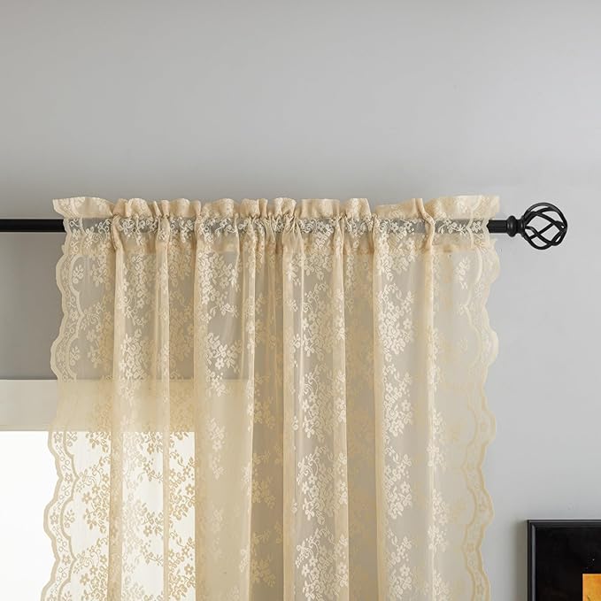 YJ YANJUN Vintage Lace Curtains 84 Inches Long-Retro Floral Beige Sheer Curtain Panels for Living Room Bedroom Shabby Chic Crochet Drapes Grandma Core Decor Light Filtering Pair W52 X L84 Light Beige