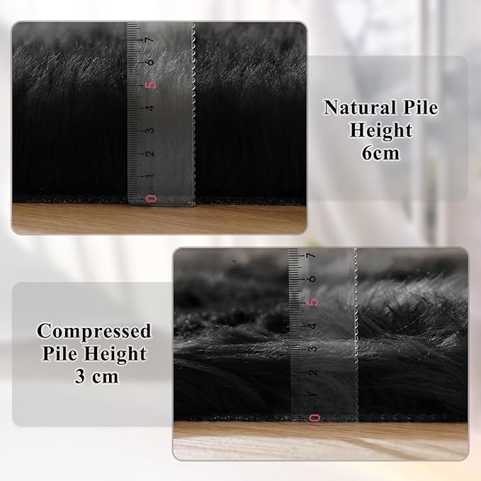 ORINOVA Black Faux Sheepskin Washable Fluffy Fur Rugs for Bedroom Fuzzy Nursery Rug 3x5 Rectangle Rug Cute Room Home Décor