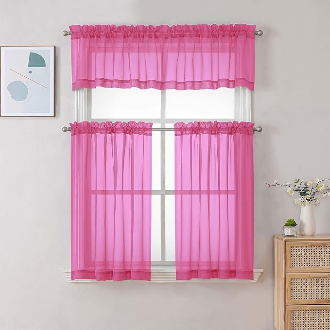 Chyhomenyc Sheer Curtains 36 inch Length 2 Panels Set, Light Filtering Voile Rod Pocket Short Window Curtians for Bathroom Living Room Farmhouse Small Windows, Each 42Wx36L in, 2PCS, Hot Pink
