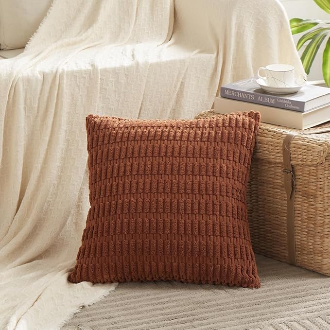 Fancy Homi 4 Packs Rust Decorative Throw Pillow Covers 18x18 Inch for Living Room Couch Bed Sofa, Terracotta Rustic Farmhouse Boho Home Decor, Soft Plush Striped Corduroy Square Cushion Case 45x45 cm