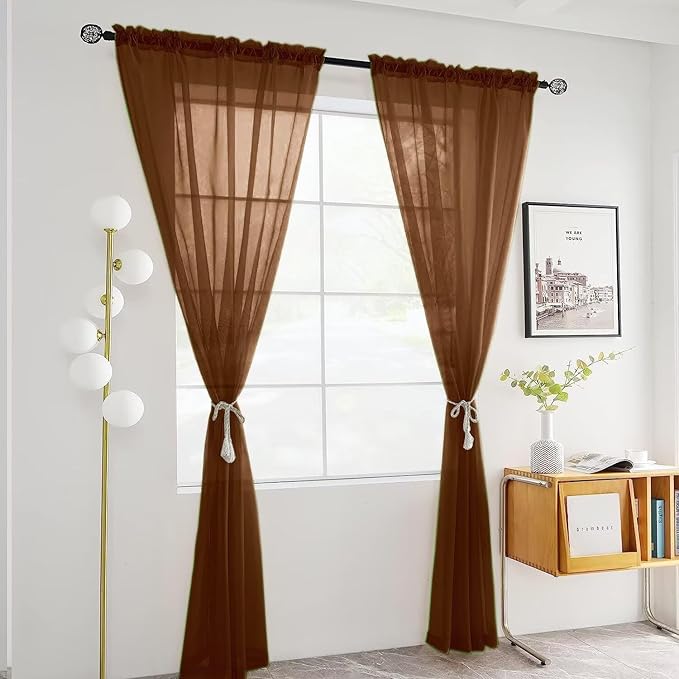SpaceDresser Brown Sheer Curtains 4 Panels Rod Pocket Semi-Sheer Curtain 90 Inches Long Light Filtering Voile Window Drapes for Bedroom Living Room Kitchen, Each 52W x 90L
