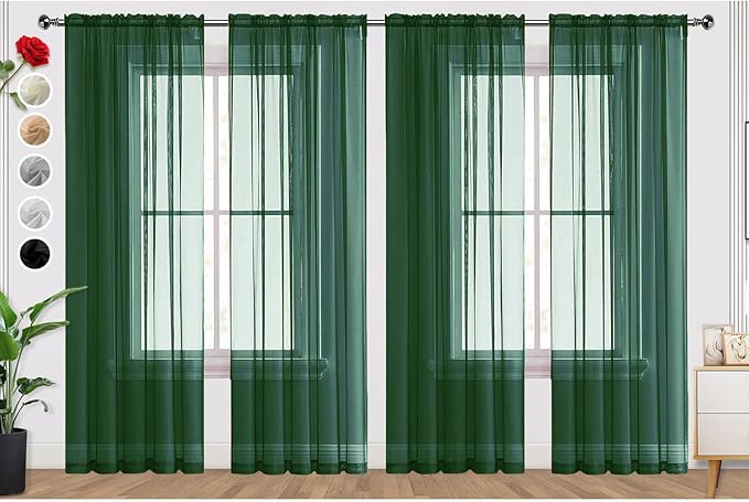 SpaceDresser Foliage Green Sheer Curtains 4 Panels Rod Pocket Semi-Sheer Curtain 108 Inches Long Light Filtering Voile Window Drapes for Bedroom Living Room Kitchen, Each 52W x 108L