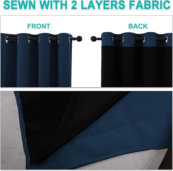 NICETOWN 100% Blackout Curtains with Black Liners, Solid Thermal Insulated Full Blackout 2-Layer Lined Drapes, Energy Efficiency Window Draperies for Bedroom (2 Panels, 46" W by 54" L, Moroccan Blue)