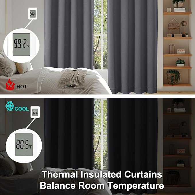 Simplebrand Ava Grey Blackout Curtains for Bedroom 96 Inches Long 2 Panels, Solid Thermal Insulated, Energy Saving Living Room Window Treatment Curtains Blackout Drapes, W50 x L96 Inch, Grey
