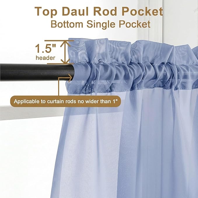 Chyhomenyc Sheer Curtains 30 inch Length 2 Panels - Light Filtering Voile Rod Pocket Short Window Curtians for Bathroom Living Room Farmhouse Small Windows, 42Wx30L inches, Denim Blue