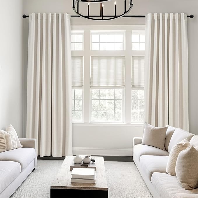 Topfinel 86 Inches Long Linen Blackout Curtains 2 Panels Set for Living Room Cream Birch Linen Texture Modern Farmhouse 100% Black Out Room Darkening Back Tab Rod Pocket(W52 xL80)