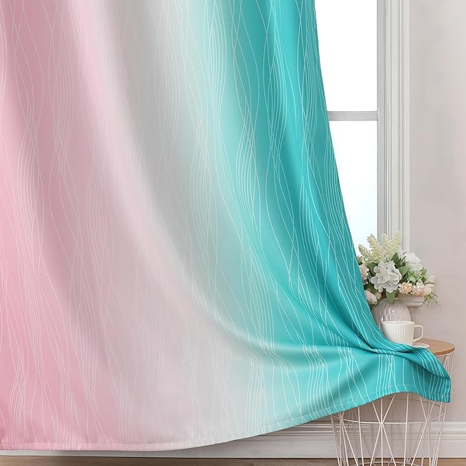 Estelar Textiler Pink and Teal Blackout Curtains for Living Room, Full Room Darkening Grommet Ombre Curtains for Bedroom, Thermal Insulated Light Blocking Gradient Drapes, 52Wx72L, 2 Panels