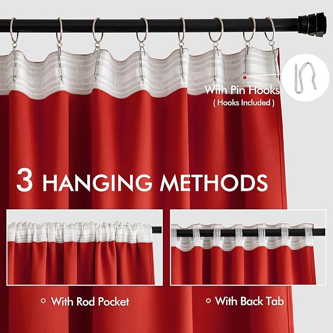 MIULEE Christmas Red Back Tab Blackout Curtains 108 Inch Long 2 Panels Set for Living Room Bedroom, Rod Pocket/Pinch Pleat Extra Long Thermal Insulated Room Darkening Pleated Light Blocking Drapes