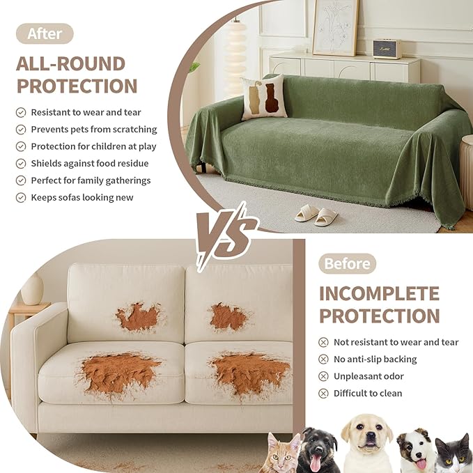 Couch Cover for Dogs, Boho Sofa Covers for 2 Cushion Couch, Chenille Sofa Slipcover for Pets Washable, L-Shape Sectional Couch Loveseat Cover Soft Throw Blankets with Tassels(71x102,Green)