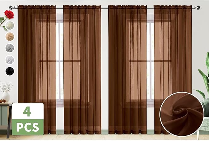 SpaceDresser Brown Sheer Curtains 4 Panels Rod Pocket Semi-Sheer Curtain 45 Inches Long Light Filtering Voile Window Drapes for Bedroom Living Room Kitchen, Each 52W x 45L