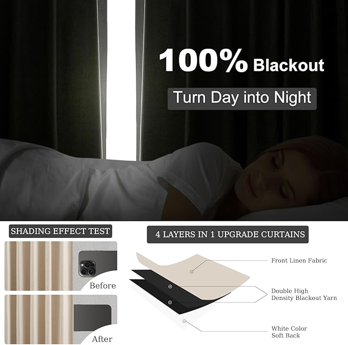 Topfinel Beige 90 Inch Thermal Blackout Curtains for Bedroom Window Nursery, Ivory Soundproof Burlap Doorway Curtains Privacy Noise Cancelling Boho Linen Drapes 2 Panels Rod Pocket/Back Tab/Hook Belt