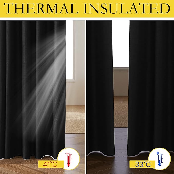 NICETOWN Vintage Open Linen Weave Flax Thermal Curtains, 100% Blackout Curtains 90" Long for Dining Room, Soundproof Window Treatment Drapes for Hall Room, Black, 62" Wide Per Panel, Set of 2