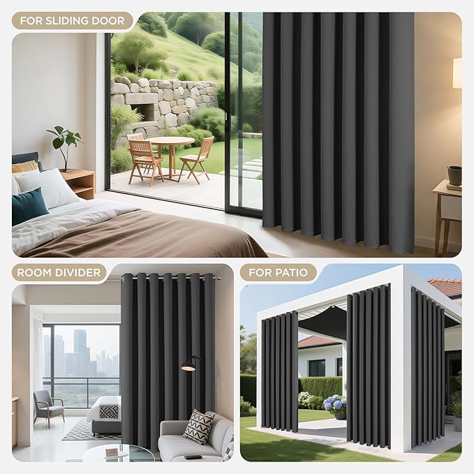 Joydeco Blackout Patio Sliding Door Curtains 108 Inches Long, Grommet Privacy Room Divider Curtains, Extra Wide Thermal Blackout Drapes for Bedroom Living Room (Grey, 100Wx108L, 1 Panel)