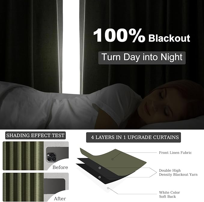 Topfinel Dark Green Curtains 86 Inches Long 2 Panels Set 100% Blackout Linen Curtains for Living Room Heat Preservation Vintage Drapes for Bedroom Back Tab Pleated (Olive,2Panels W52 xL86)