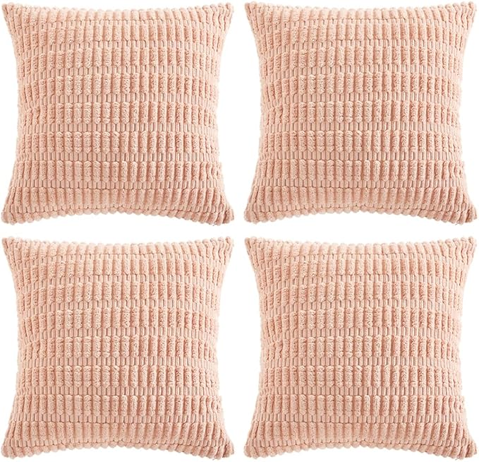 Fancy Homi 4 Packs Boho Pink Decorative Throw Pillow Covers 24x24 Inch for Living Room Couch Bed Sofa, Rustic Modern Farmhouse Home Decor, Soft Plush Corduroy Cute Square Cushion Case 60x60 cm
