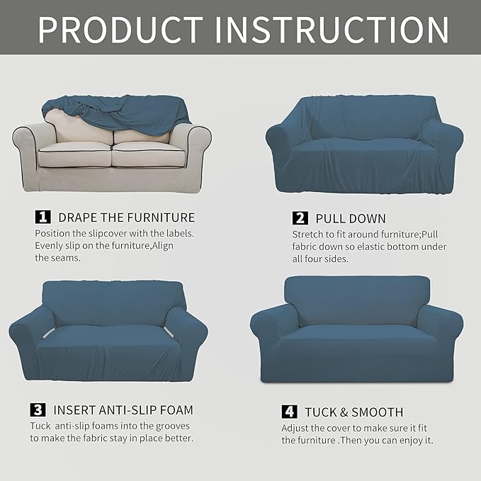 Easy-Going Stretch Sofa Slipcover 1-Piece Sofa Cover Furniture Protector Couch Soft with Elastic Bottom for Kids, Polyester Spandex Jacquard Fabric Small Checks (Sofa, Bluestone)