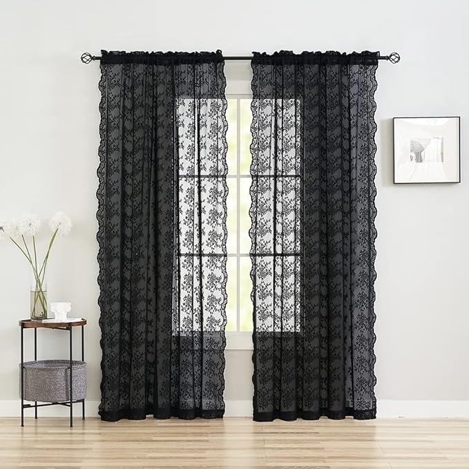 YJ YANJUN Vintage Lace Curtains 108 Inches Long- Victorian Floral Pattern Black Sheer Curtain Panels for Living Room Bedroom,Light Filtering, Gothic Witchy Halloween Drapes 2 Panels 52W x 108L