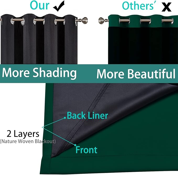 Yakamok 108 Inch Length 100% Blackout Window Curtain Panels, Full Light Blocking Drapes with Black Liner Thermal Insulated Drapes for Bedroom(52Wx108L,Dark Green, 2 Panels)