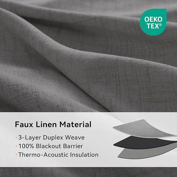 100% Blackout Shield Linen Blackout Curtains for Bedroom, Dark Gray Grommet Curtains for Living Room, Thermal Insulated Room Darkening Drapes for Nursery, Boho Home Decor, 50" W x 63" L, 2 Panels