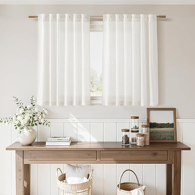 Nanspring 54 Inch Linen Curtains for Living Room Bedroom Semi Sheer Light Filtering Curtains Panels Back Tab and Rod Pocket Coastal Decor Neutral Curtain Drapes, 2 Panels 40 x 54 Inch