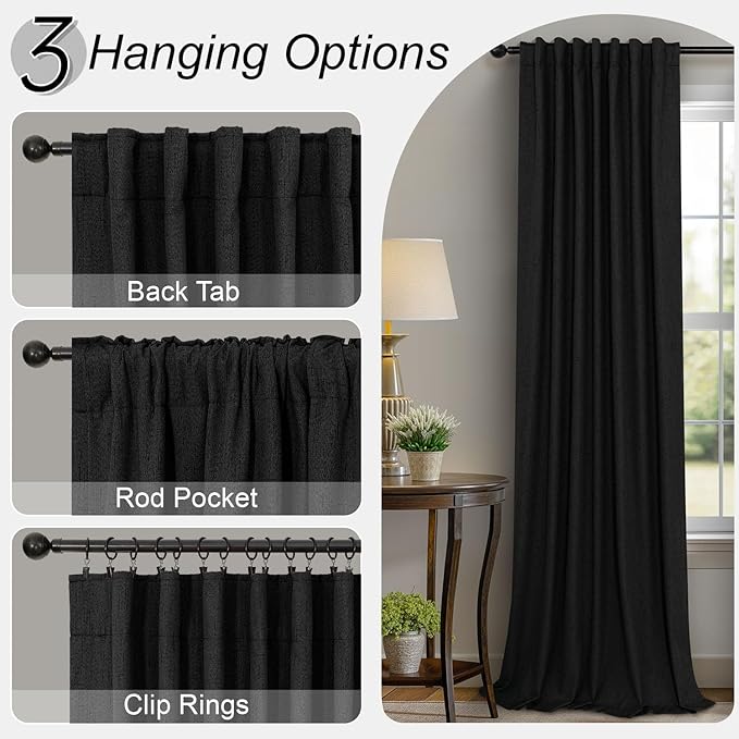 Nursery Blackout Curtains 63 Inch Length for Bedroom 2 Panels Back Tab Pocket Heavy Thick Linen Textured Room Darkening Sound Proof Insulated Thermal Dark Out Black Curtain for Winter 63 Inches Long