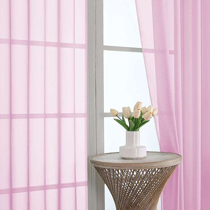 OVZME Light Pink Sheer Curtains 63 Inches Long 2 Panels Set, Light Filtering Sheer Curtains for Living Room Bedroom 59 Inch Extra Wide, Modern Voile Filmy Rod Pocket Window Drapes, 59Wx63L Inches