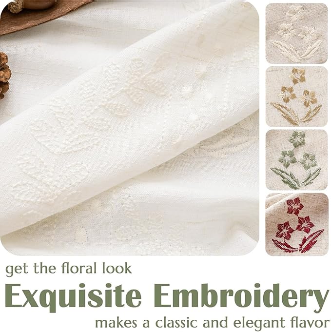 jinchan Belrose Linen Curtains for Bedroom Floral Curtains 63 Inch Length Linen Blend White Embroidered Drapes Farmhouse Flower Patterned Drapes for Living Room Window Treatments Set 2 Panels