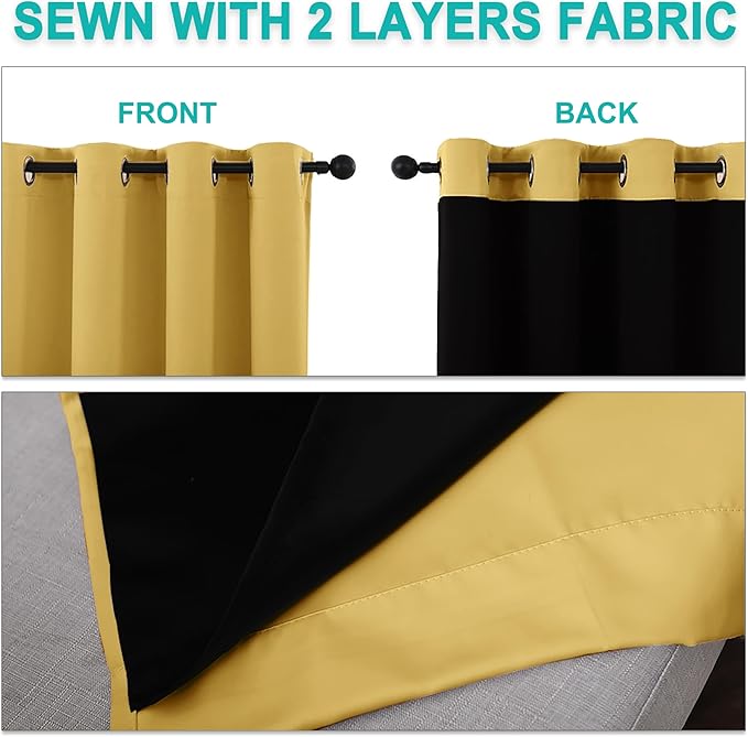 NICETOWN 100% Blackout Short Curtains with Black Liners, Thermal Insulated Full Blackout 2-Layer Lined Drapes, Energy Efficiency Window Draperies for Bedroom (2 Panels, 37" W by 63" L, Bright Yellow)