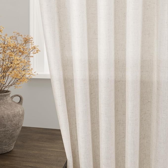 Nanspring Beige Extra Long Curtain 130 inches Long 2 Panels Set for Living Room Back Tab Modern Farmhouse Coastal Decor Cotton Textured Beige Sheer Linen Curtains for High Window 52x130