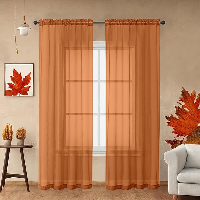 OWENIE Orange Sheer Curtains 96 Inch Length, Elegant Sheer Curtains for Bedroom, Window Voile Sheer Curtain Panels/Drapes/Treatment for Living Room, 2Pcs, Each 42" W x 96" L