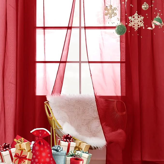 SpaceDresser Sheer Voile Window Treatment Rod Pocket Curtain Panels for Kitchen Bedroom Living Room Drapes Sunlight Filtering Privacy Semi Home Decor Assorted Colors Sizes (Christmas Red, 52 W x 63 L)