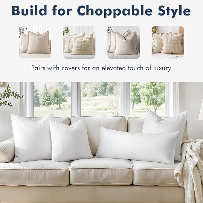 MIULEE 22x22 Pillow Inserts,Set of 2 Down Feather Throw Pillows for Couch Sofa Bed, Decorative Fluffy Throw Pillow Inserts Cotton Fabric,White