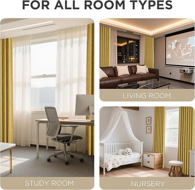 Joydeco Blackout Curtains for Bedroom - 63 Inch Long 100% Light Blocking 2 Panels Set Yellow Drapes, Thermal Insulated Room Darkening Curtains, Linen Textured for Living Room, Rod Pocket & Back Tabs