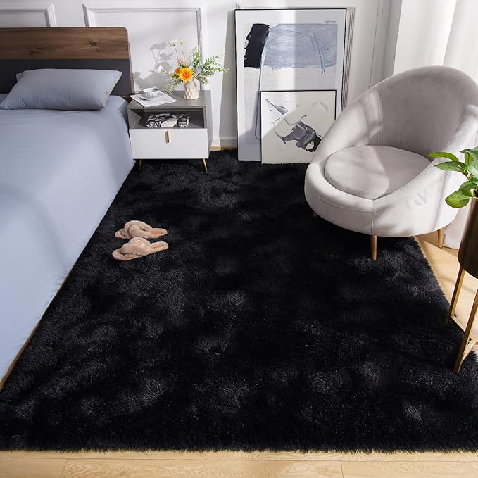 Amearea Premium Soft Fluffy Rug Modern Shag Carpet, 5.3x7.5 Feet, Fuzzy Plush Rugs for Living Room Bedroom Kids Room Home Decor, Nursery Non Slip Indoor Shaggy Carpets, Black