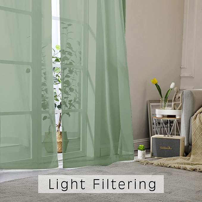 OWENIE Sheer Curtains Living Room 54 inches Long, Rod Pocket Curtain Sheers Bedroom, Light Filtering Voile Panels Drapes Basement Small Window Treatments 2 Panels, 42" W x 54" L, Sage Green