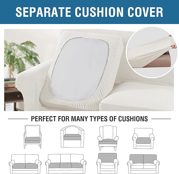 H.VERSAILTEX 3 Piece Stretch Sofa Covers for 2 Cushion Loveseat Couch Covers for Living Room Sofa (Base Cover Plus 2 Seat Cushion Covers) Thicker Jacquard Fabric (Medium Sofa, Porcelain White)